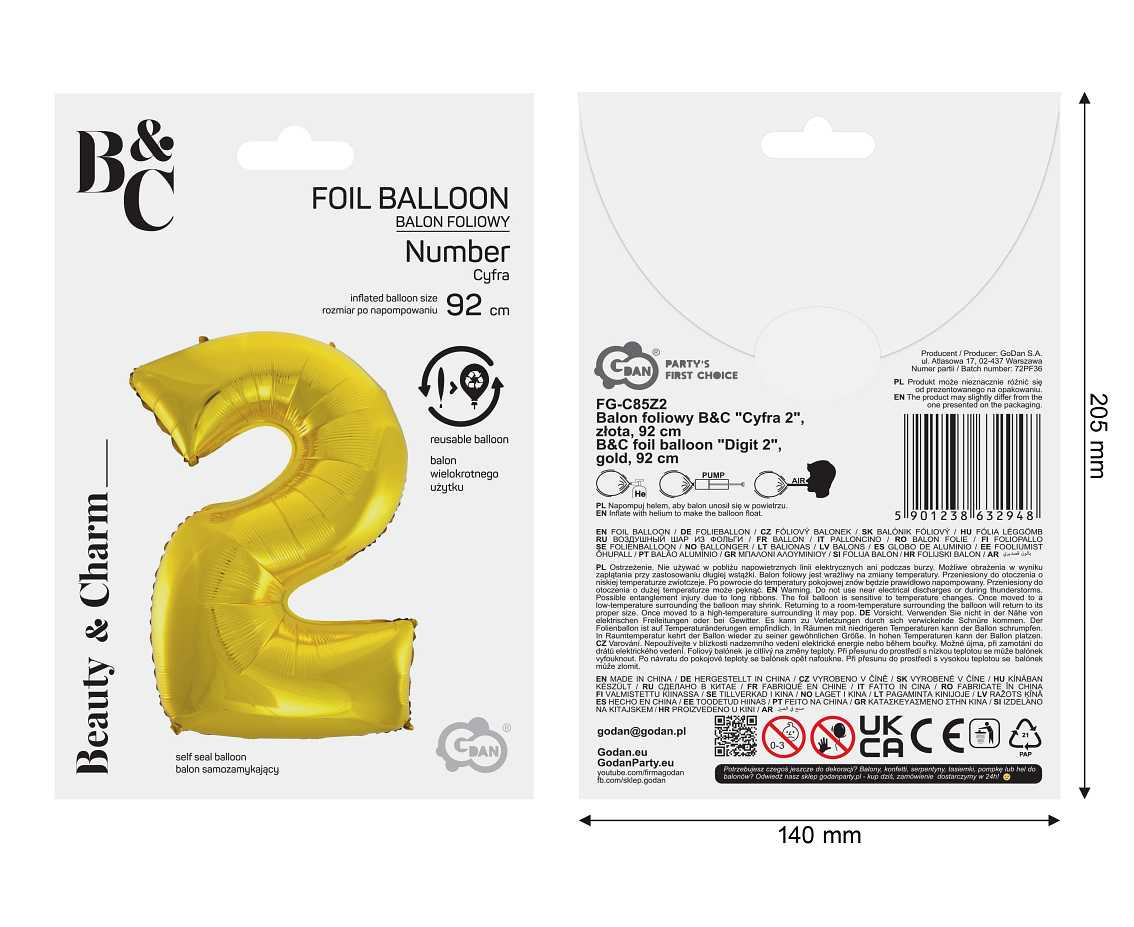 Foil balloon B&C digit 2, gold, 92 cm